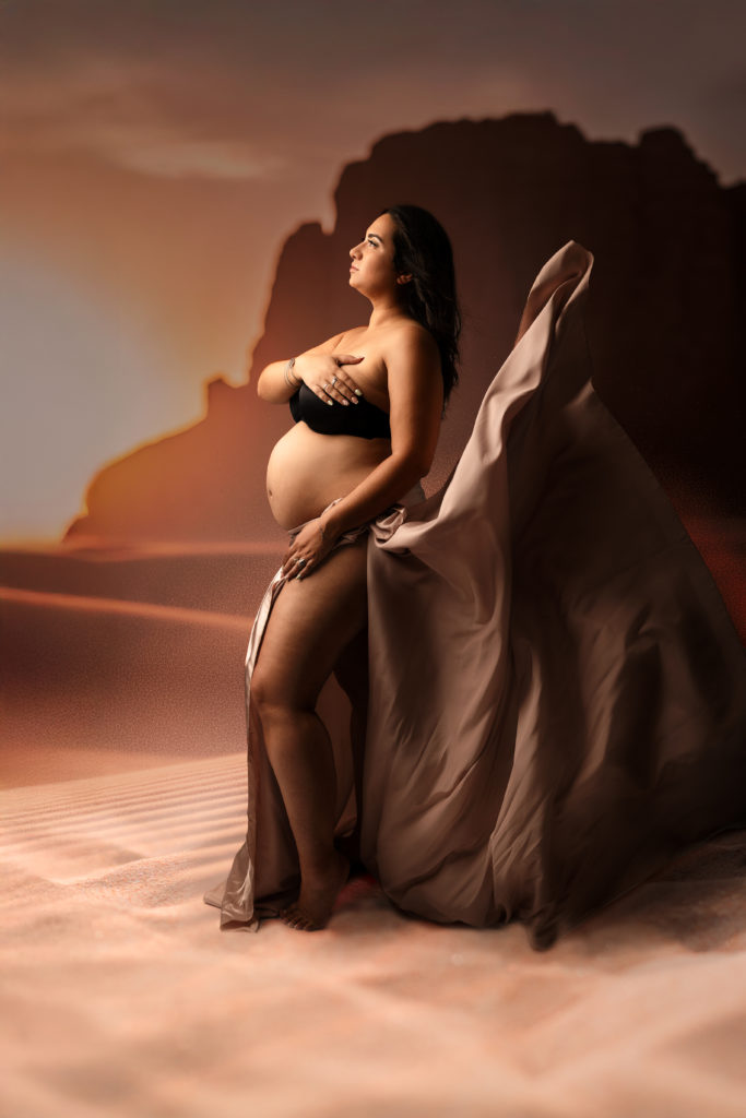 Photo de grossesse artistique en studio à Bouloc avec voilage. Photographe femme enceinte Toulouse.